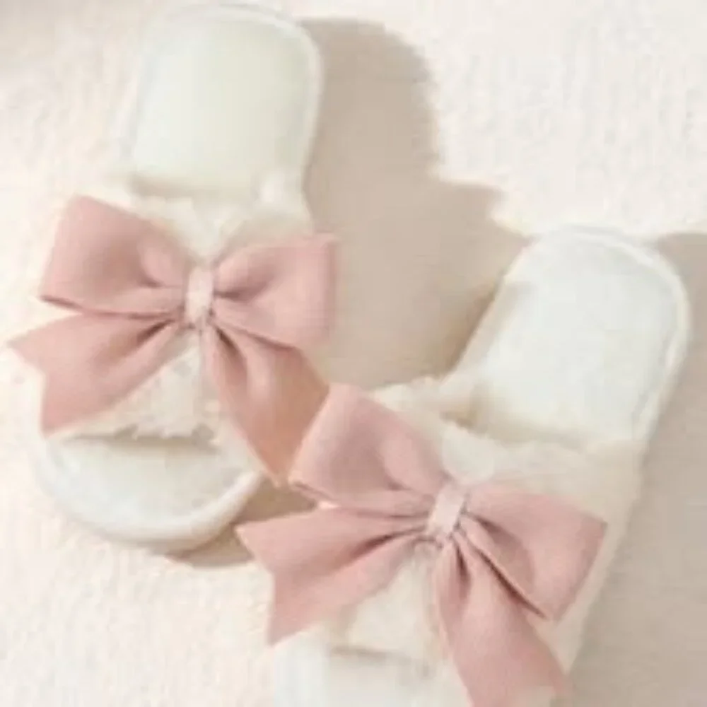 Fluffy White Faux Fur Open Toe Slippers w/ Pink Bow - Picture 1 of 2